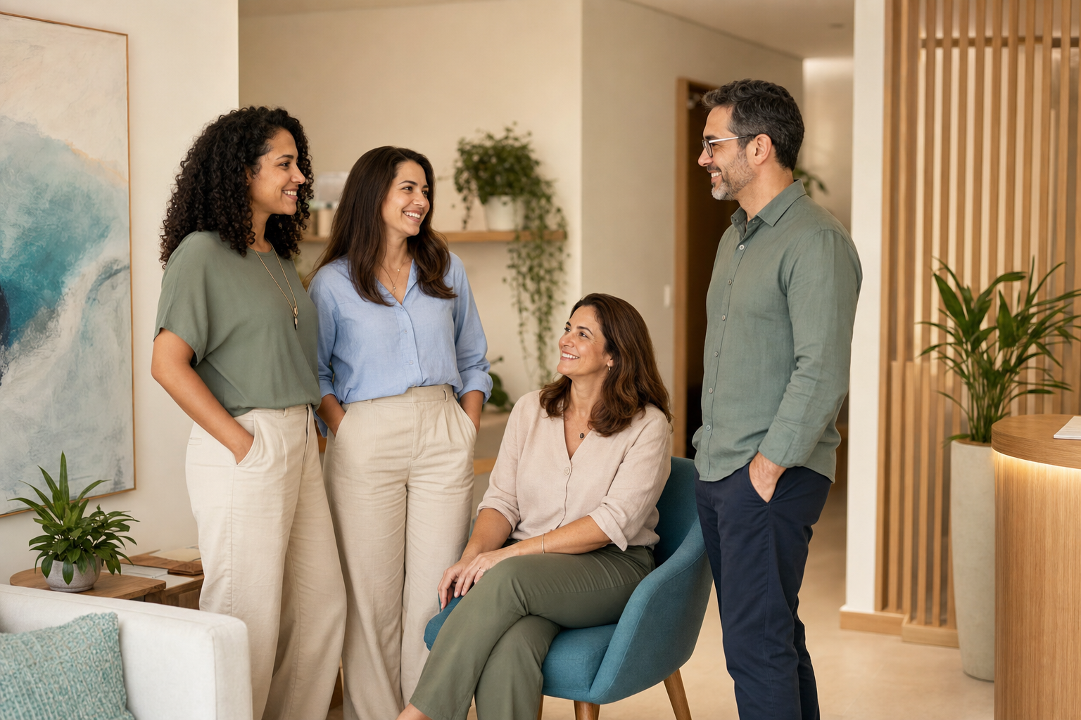 Equipe multidisciplinar reunida em ambiente acolhedor